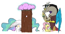 Size: 1227x651 | Tagged: safe, artist:artbeta, discord, fluttershy, princess celestia, oc, oc:dillus, alicorn, hybrid, pegasus, pony, chocolate rain, discoshy, female, interspecies offspring, male, offspring, parent:discord, parent:fluttershy, parents:discoshy, shipping, straight