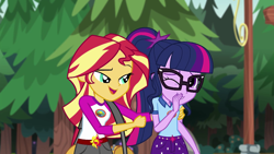 Size: 1280x720 | Tagged: safe, screencap, sci-twi, sunset shimmer, twilight sparkle, equestria girls, legend of everfree, camp everfree outfits, clothes, duffle bag, fist, glasses, open mouth, shorts