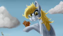 Size: 4800x2700 | Tagged: safe, artist:ravenousdrake, derpy hooves, pegasus, pony, :t, angry, eating, female, foold, mare, muffin, nose wrinkle, solo