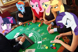 Size: 2166x1446 | Tagged: safe, derpibooru import, applejack, fluttershy, pinkie pie, rainbow dash, rarity, twilight sparkle, human, blackjack, cleavage, female, gambling, lowres