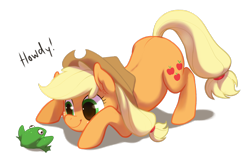 Size: 1280x832 | Tagged: safe, artist:purmu, applejack, earth pony, frog, pony, blonde mane, female, mare, orange coat, solo