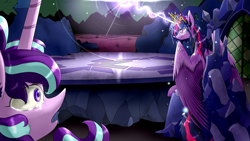 Size: 2560x1440 | Tagged: safe, artist:luvlessi, starlight glimmer, twilight sparkle, twilight sparkle (alicorn), alicorn, pony, unicorn, fanfic:step right in and start again, crying, cutie map, duo, fanfic, fanfic art, magic, ruins, throne, twilight's castle