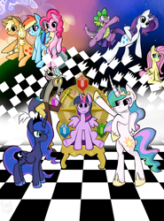 Size: 2795x3780 | Tagged: safe, artist:heedheed, derpibooru import, applejack, discord, fluttershy, pinkie pie, princess celestia, princess luna, rainbow dash, rarity, spike, twilight sparkle, twilight sparkle (alicorn), alicorn, dragon, earth pony, pegasus, pony, unicorn, bipedal, female, high res, kingdom hearts, mare, ponified