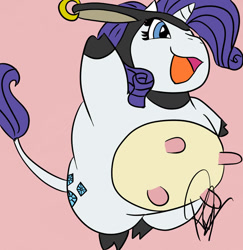 Size: 881x907 | Tagged: safe, artist:ironwrench93, rarity, cow, ear piercing, earring, female, jewelry, miltank, piercing, pink background, pokefied, pokémon, raricow, simple background, solo, species swap, udder