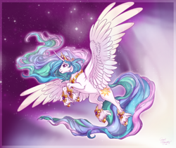 Size: 1024x863 | Tagged: safe, artist:cigarscigarettes, princess celestia, alicorn, pony, flying, majestic, solo, unshorn fetlocks