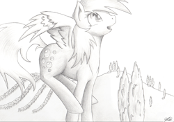 Size: 2100x1475 | Tagged: safe, artist:gimmogear, derpy hooves, pegasus, pony, female, grayscale, mare, monochrome, solo, traditional art