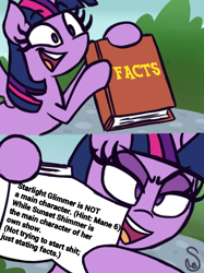 Size: 1080x1442 | Tagged: safe, artist:quarium edits, edit, starlight glimmer, sunset shimmer, twilight sparkle, twilight sparkle (alicorn), alicorn, pony, unicorn, 2 panel comic, comic, drama, ed edd n eddy, exploitable, exploitable meme, here we go again, meme, op is a cuck, op is trying to start shit, solo, starlight drama, twilight's fact book