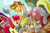 Size: 1500x1000 | Tagged: safe, artist:renokim, apple bloom, applejack, derpy hooves, rainbow dash, earth pony, pegasus, pony, crash, derp, derpy inside a mailbox, dizzy, dutch angle, facehoof, female, mailbox, mare, oops my bad