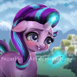 Size: 800x800 | Tagged: safe, artist:sugarheartart, starlight glimmer, pony, unicorn, glowing horn, kite, kite flying, ponyville, smiling, solo, watermark