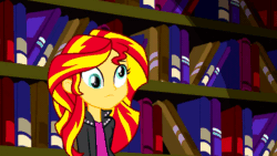 Size: 1920x1080 | Tagged: safe, artist:nixli2000, part of a series, part of a set, sunset shimmer, equestria girls, animated, book, bookshelf, derp, dizzy, eg groove, female, gif, library, solo