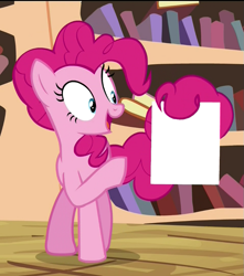 Size: 717x810 | Tagged: safe, edit, edited screencap, screencap, pinkie pie, earth pony, pony, three's a crowd, blank, exploitable, meme, paper, pinkie's exciting flyer, prehensile tail, solo, tail hold, template