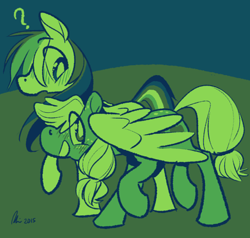 Size: 500x475 | Tagged: safe, artist:rwl, derpibooru import, applejack, rainbow dash, earth pony, pegasus, pony, appledash, female, hug, lesbian, limited palette, puzzled, shipping, snuggling, winghug