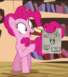 Size: 717x810 | Tagged: safe, pinkie pie, slendermane, earth pony, pony, three's a crowd, exploitable meme, meme, pinkie's exciting flyer, slender, slenderpony, solo