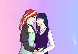 Size: 3120x2150 | Tagged: safe, artist:angelpony99, sunset shimmer, twilight sparkle, human, bisexual, duo, female, gradient background, humanized, lesbian, love, shipping, sunsetsparkle