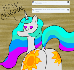 Size: 1536x1440 | Tagged: safe, artist:gustav tremendous, princess celestia, alicorn, pony, female, horn, mare, plot, solo