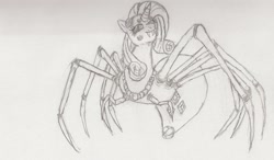 Size: 850x496 | Tagged: safe, artist:sargesprinkles, rarity, monster pony, original species, spider, spiderpony, monochrome, sketch, solo, species swap, spiderponyrarity, traditional art