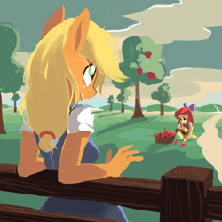 Size: 1024x1024 | Tagged: safe, artist:karzahnii, apple bloom, applejack, anthro, apple, basket, fence, sweet apple acres