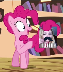 Size: 717x810 | Tagged: safe, edit, pinkie pie, earth pony, pony, three's a crowd, don't believe her lies, drama, drama bait, exploitable meme, meghan mccarthy, meme, pinkie's exciting flyer, telling lies