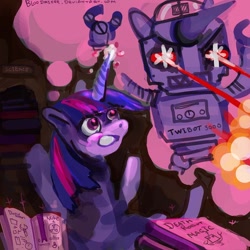 Size: 800x800 | Tagged: safe, artist:bloodrizer, derpibooru import, twilight sparkle, robot, 30 minute art challenge, adorkable, book, cute, daydream, dork, eye beams, imagining, magic, nuclear weapon, telekinesis, thought bubble