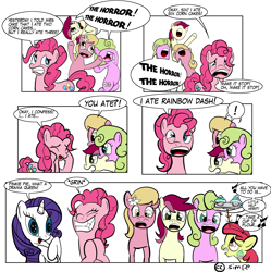 Size: 4449x4470 | Tagged: safe, artist:simpe94, apple bloom, daisy, flower wishes, lily, lily valley, pinkie pie, rarity, roseluck, earth pony, pony, unicorn, fanfic:cupcakes, the cutie pox, absurd resolution, comic, female, filly, flower trio, implied cannibalism, implied murder, mare, the horror