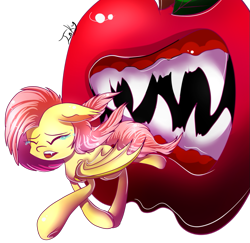 Size: 823x800 | Tagged: safe, artist:inky-pinkie, fluttershy, bat pony, pony, bats!, apple, crying, fangs, flutterbat, open mouth, race swap, revenge, role reversal, running, scared