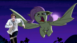 Size: 1920x1080 | Tagged: safe, edit, edited screencap, screencap, fluttershy, bat pony, human, vampire, bats!, breaking dawn, eclipse, edward cullen, fangs, flutterbat, flutterbat attack, flying, irl, irl human, meme, new moon, photo, race swap, twilight (series)