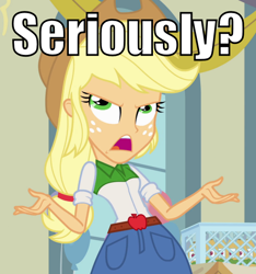 Size: 562x600 | Tagged: safe, applejack, equestria girls, clothes, female, image macro, solo