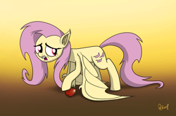 Size: 2321x1541 | Tagged: safe, artist:petirep, fluttershy, bat pony, pony, bats!, apple, flutterbat, race swap, solo