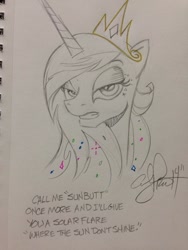 Size: 768x1024 | Tagged: safe, artist:andypriceart, princess celestia, alicorn, pony, angry, bust, dialogue, don't call me sunbutt, partial color, solo, sunbutt, traditional art