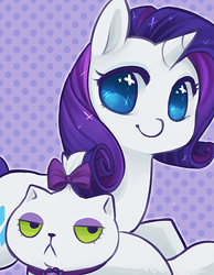 Size: 319x412 | Tagged: safe, artist:mousu, opalescence, rarity, cat, pony, unicorn, cute, looking at you, pet, simple background