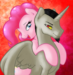 Size: 2000x2066 | Tagged: safe, artist:kelisah, discord, pinkie pie, alicorn, earth pony, pony, alicornified, discopie, duo, facial hair, female, goatee, male, ponified, red background, shipping, simple background, spread wings, straight, wings