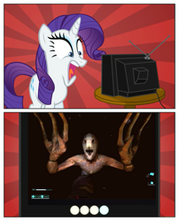 Size: 485x600 | Tagged: safe, rarity, pony, unicorn, disturbing, exploitable meme, f.e.a.r., meme, obligatory pony, scarecrow (monster), tv meme