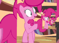 Size: 546x396 | Tagged: safe, edit, edited screencap, screencap, pinkie pie, earth pony, pony, three's a crowd, animated, droste effect, loop, meme, pinkception, prehensile tail, recursion, tail hold, train