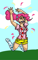 Size: 431x683 | Tagged: safe, artist:mcwhale4, pinkie pie, human, clothes, female, human female, humanized, jumping, kneesocks, light skin, open mouth, socks, solo, suspenders