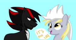 Size: 1648x874 | Tagged: safe, artist:soul-yagami64, derpy hooves, pegasus, pony, crossover, female, funny, hat, it's no use, mare, ponified, shadow the hedgehog, silver the hedgehog, sonic the hedgehog (series)