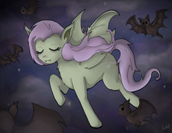 Size: 900x700 | Tagged: safe, artist:kiziotta28, fluttershy, bat, bat pony, pony, bats!, flutterbat, flying, race swap, solo