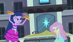 Size: 716x421 | Tagged: safe, derpibooru import, edit, edited screencap, screencap, fluttershy, twilight sparkle, equestria girls, equestria girls (movie), chili dog, duo, faic, food, gee bill, jazz hands