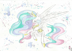 Size: 1024x724 | Tagged: safe, artist:flowerforce, princess celestia, alicorn, pony, crown, female, horn, mare, multicolored mane, multicolored tail, solo, white coat, white wings, wings