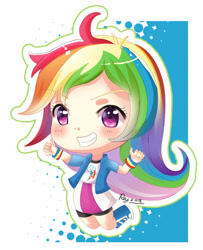 Size: 600x740 | Tagged: safe, artist:love2eategg, derpibooru import, rainbow dash, human, chibi, clothes, cute, dashabetes, grin, humanized, multicolored hair, shirt, skirt, smiling, solo, sweatband, wristband