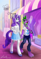 Size: 2480x3508 | Tagged: safe, artist:seer45, rarity, spike, anthro, bags, date, female, male, older, shipping, sparity, straight, teenage spike