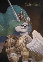 Size: 655x928 | Tagged: safe, artist:graffegruam, princess celestia, alicorn, pony, acrylic painting, armor, bust, female, helmet, mare, portrait, raised hoof, solo, traditional art, warrior celestia