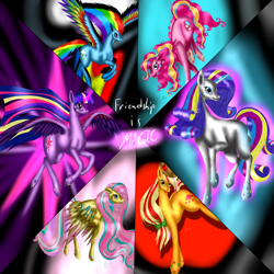 Size: 1024x1024 | Tagged: safe, artist:crazyaniknowit, derpibooru import, applejack, fluttershy, pinkie pie, rainbow dash, rarity, twilight sparkle, twilight sparkle (alicorn), alicorn, earth pony, pegasus, pony, unicorn, female, mane six, mare, rainbow power, solo