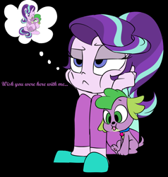 Size: 730x768 | Tagged: safe, artist:emositecc, edit, spike, spike the regular dog, starlight glimmer, dog, equestria girls, bored, dialogue, female, hug, hundreds of users filter this tag, male, shipping, sparlight, straight, thought bubble