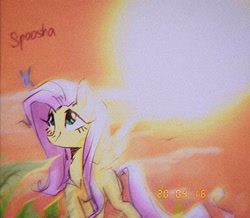 Size: 1236x1080 | Tagged: safe, artist:spoosha, fluttershy, butterfly, pegasus, pony, cloud, female, leaf, looking up, mare, raised hoof, sky, smiling, solo, spread wings, sun, three quarter view, timestamp, wings