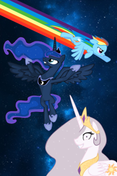 Size: 1280x1920 | Tagged: safe, derpibooru import, princess celestia, princess luna, rainbow dash, alicorn, pegasus, pony, princess molestia