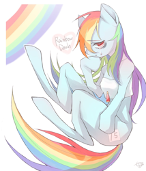 Size: 1755x2047 | Tagged: safe, artist:meo_oji, derpibooru import, rainbow dash, pegasus, pony, semi-anthro, sonic rainboom (episode), crying, female, looking at you, rainbow, simple background, tube top, white background