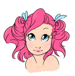 Size: 500x511 | Tagged: artist needed, safe, pinkie pie, human, alternate hairstyle, bare shoulder portrait, humanized, light skin, pigtails, solo