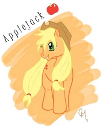 Size: 569x707 | Tagged: safe, artist:babileilei, applejack, earth pony, pony, applejack's hat, blonde, blonde mane, blonde tail, female, green eyes, mare, orange coat, solo