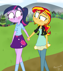 Size: 3008x3352 | Tagged: safe, artist:fernandash, sunset shimmer, twilight sparkle, equestria girls, alternate hairstyle, female, holding hands, lesbian, looking at each other, shipping, sunsetsparkle
