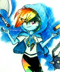 Size: 1032x1248 | Tagged: safe, artist:liaaqila, derpibooru import, rainbow dash, better together, equestria girls, axe, clothes, female, hoodie, mace, pants, simple background, solo, spikes, traditional art, weapon, white background